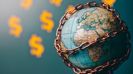 Global Economy Ensnared: A world bound by financial chains, dollar signs looming large.  A poignant visual.