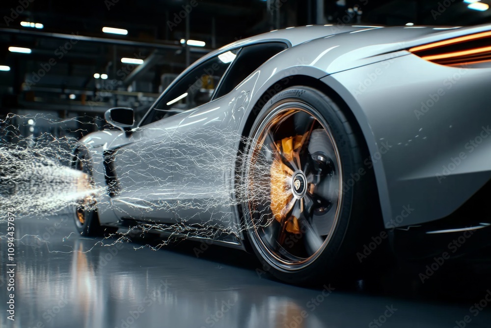 Poster high-performance electric car showcasing dynamic features in a futuristic workshop environment