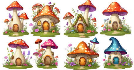 Naklejka premium Fantasy mushroom houses adorned with flowers, grass, windows, and doors, isolated on a white background. 