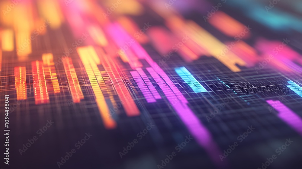 Poster vibrant data visualization: glowing bars showcase real-time analytics