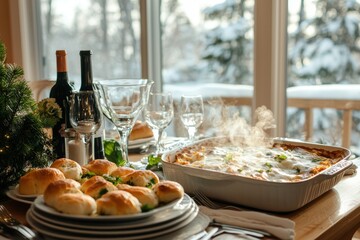 Cozy Winter Dinner Setting with Casserole and Bread Rolls for Family Gatherings