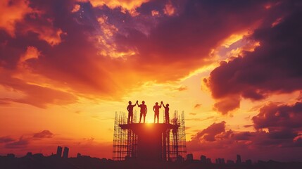 Silhouetted workers celebrate atop a skyscraper's frame during a vibrant sunset, their teamwork evident against fiery skies.