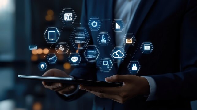 Business Professional Analyzing GDPR Compliance on Tablet with Data Protection Icons