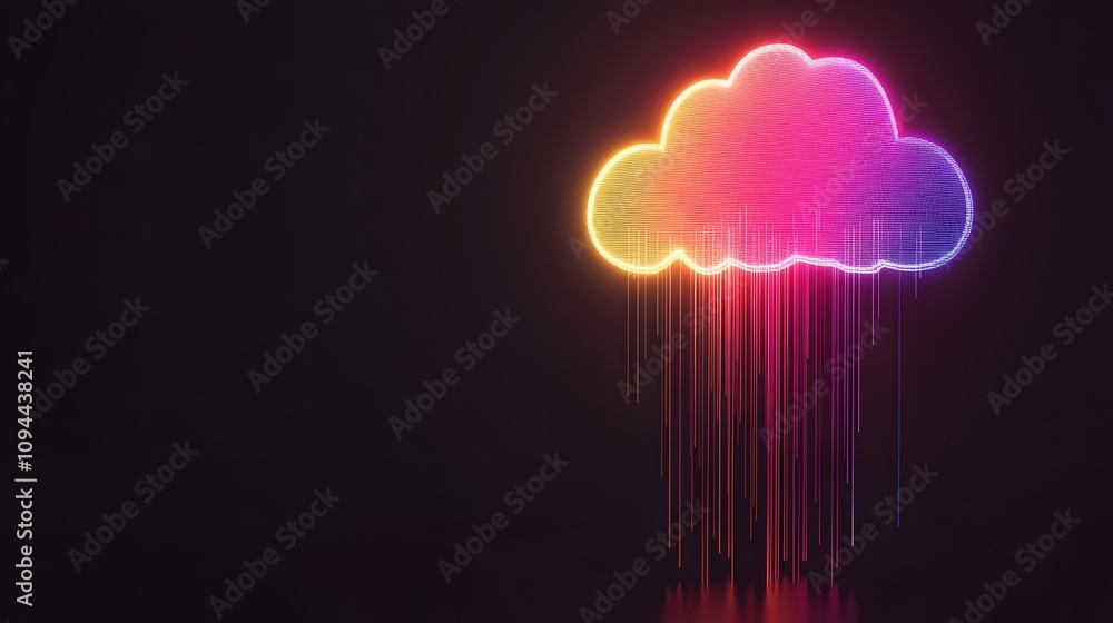 Poster vibrant neon cloud pours data streams. a mesmerizing digital rain of color in dark space.