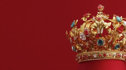 Luxurious Golden Crown with Colorful Gems Set Against a Rich Red Background, Symbolizing Royalty, Elegance, and Prestige for Creative Projects and Royal Themes