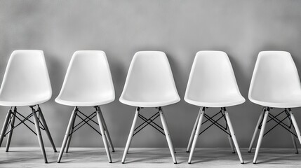 Obraz premium Modern Minimalistic Design of Five White Chairs Aligned Against a Neutral Grey Wall in a Contemporary Indoor Space