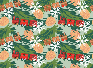 Obraz premium Seamless pattern with Christmas tree and wooden toy of train on it, cones and snowflakes. Festive background. Vintage doodle sketch style.
