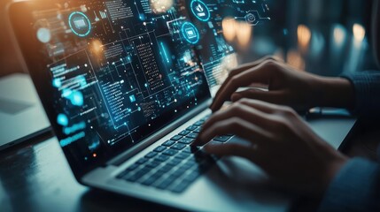 Secure Business Professional at Laptop with Biometric Features and Data Protection Symbols in Modern Office