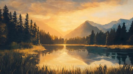Fototapeta premium Golden Hour Mountain Lake Reflection Landscape Painting