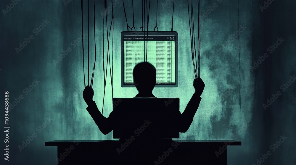 Poster controlled by strings: a shadowy figure sits at a computer, their movements manipulated by strings, 