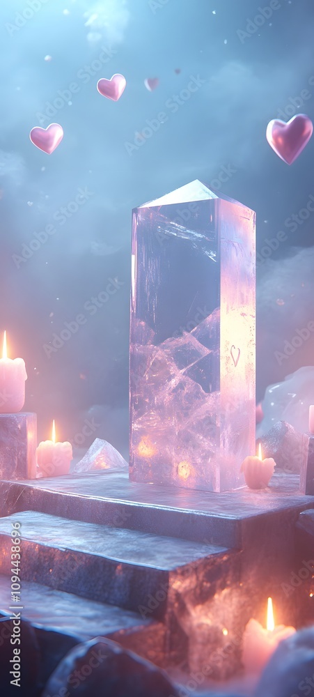 Poster a crystal podium with soft glowing edges, set in a misty atmosphere filled with delicate hearts and 