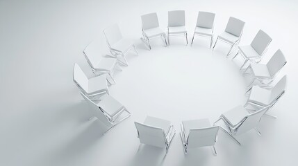 Obraz premium White Stacked Chairs in a Circular Arrangement on a Minimalist White Background for Modern Interior, Meeting Space, and Event Planning Use