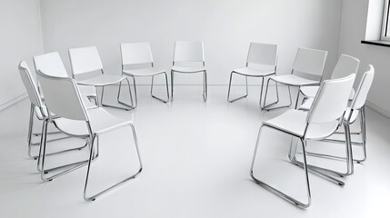 Obraz premium Modern Minimalist Meeting Space Featuring Circles of White Chairs on a Bright and Open White Floor Ideal for Collaborative Discussions and Group Workshops