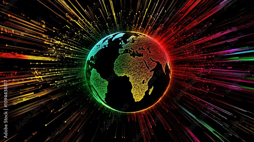 Poster global network: a vibrant earth, radiating data streams, connecting the world in a dazzling display 