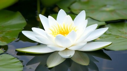 A serene white water lily blossoms on calm water, surrounded by green lily pads.