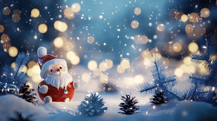 enchanted christmas background featuring santa, pine Cones, falling Snow, and bokeh lights, exuding a festive red, white and blue winter wonderland aesthetic with ample copy space
