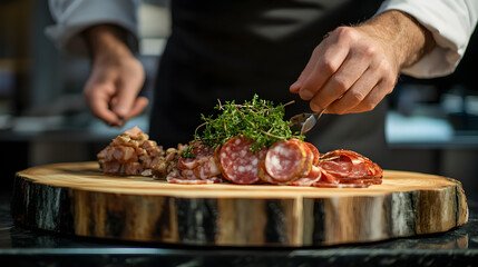 A chef arranging charcuterie on a rustic wooden board with artistic balance.