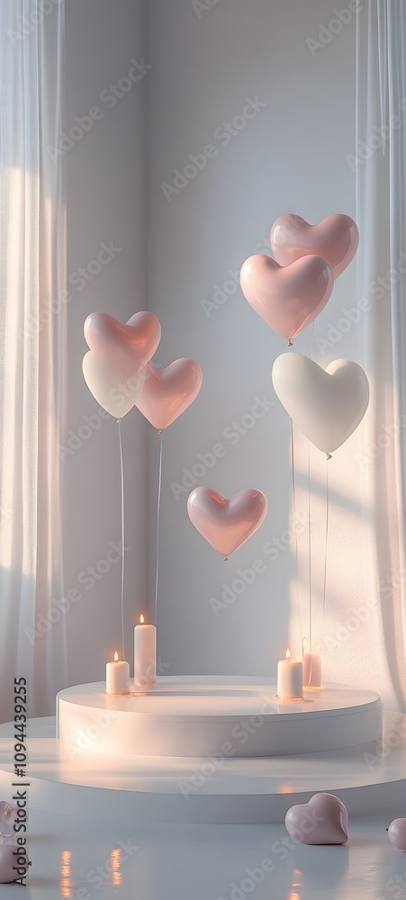 Poster a minimalist podium in soft white with a smooth reflective surface, surrounded by floating heart-sha