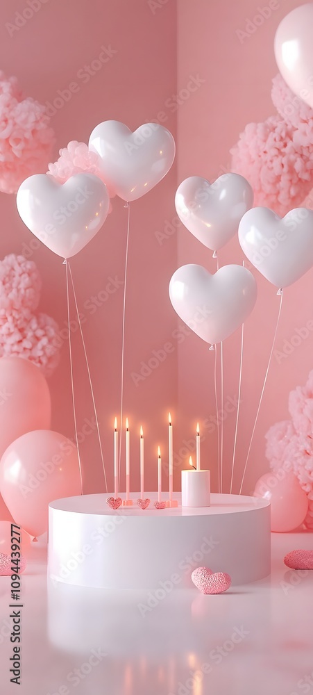 Poster a minimalist podium in soft white with a smooth reflective surface, surrounded by floating heart-sha