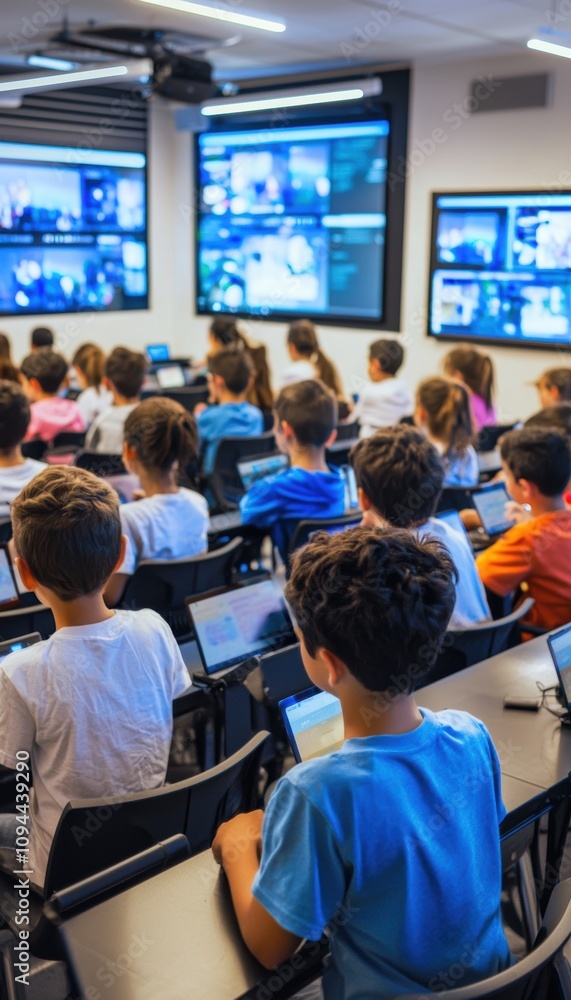 Poster tech-savvy classroom: students engage with digital learning devices and biometric authentication