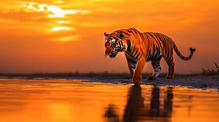 Majestic Bengal Tiger Walking Along the Shoreline at Sunset with Vibrant Orange Sky and Reflective Water Beneath, Capturing Nature’s Splendor and Wildlife Beauty