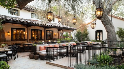 Naklejka premium A serene outdoor dining area with comfortable seating and decorative lighting.