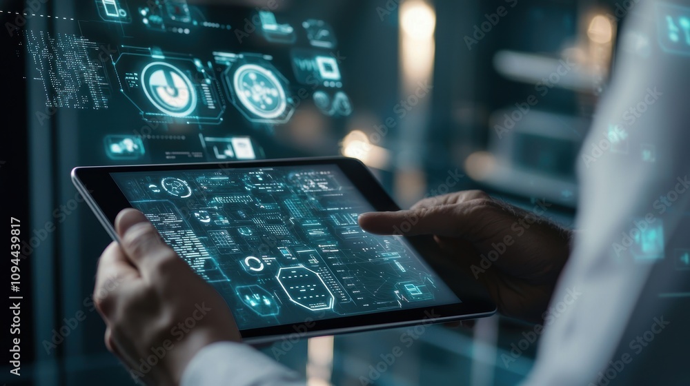 Poster cybersecurity expert analyzing network with digital security icons in high-tech office