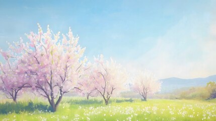 Obraz premium Blooming Orchard Spring Landscape Painting