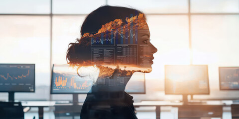 Healthcare and Business leadership concept. A thoughtful silhouette of a woman is layered over a digital interface, symbolizing the fusion of human intellect and technology in a modern workspace.