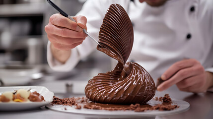 A chef creating a chocolate sculpture in a high-end kitchen studio.