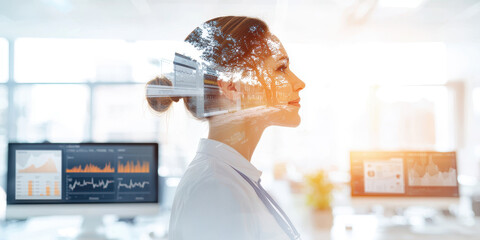Healthcare and Business leadership concept. A professional woman stands in a modern office, with an overlay of digital data visuals on her face, symbolizing innovation and technology integration.