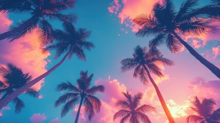 Obraz premium Sunset with Palm Trees and Vibrant Pink Clouds in a Tropical Sky, Perfect for Travel and Relaxation Themes