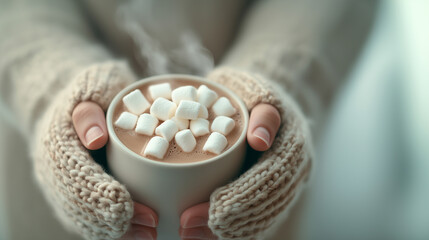 A person is holding a cup of hot chocolate with marshmallows in their hands