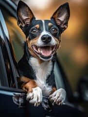 Happy Dog with Upright Ears Leaning Out of a Car Window During a Sunny Ride, Perfect for Pet Travel and Outdoor Fun Concepts