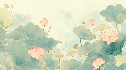 Green pond and pink lotus illustration poster background