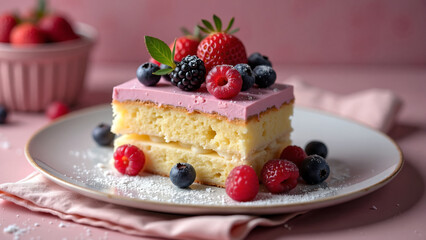 A close-up of a layered cake slice topped with a pink cream frosting and decorated with fresh blackberries, raspberries, blueberries, and strawberries with sugar powder on top on a dish.