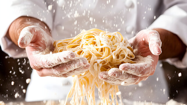 A chef demonstrating pasta-making techniques with flour-dusted hands and fresh dough.