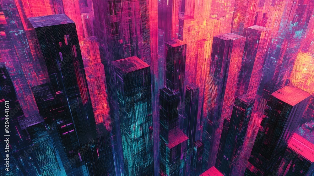 Poster abstract digital cityscape with colorful neon lights and towering structures, creating a futuristic 