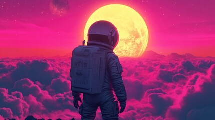 Fototapeta premium An astronaut gazes at a vibrant pink moon over a sea of fluffy clouds, creating a surreal, otherworldly scene.