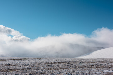 Frozen grasses on snowy stony pass in fog at sunrise. Snow-white glacier diagonal in mist under blue sky at early morning. Layered foggy view to low clouds in misty mountains in freshly fallen snow.