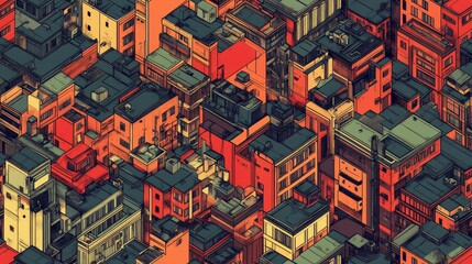 Obraz premium A vibrant, abstract depiction of densely packed urban buildings in warm tones.