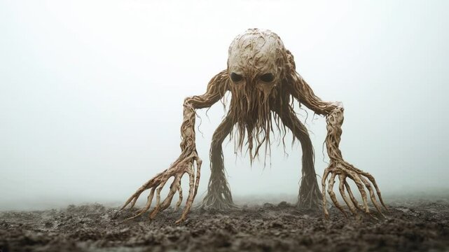 Eerie Creature in the Mist: A haunting and unsettling image of a grotesque creature emerging from the mist, its skeletal frame and long, grasping fingers creating a sense of dread and unease.  