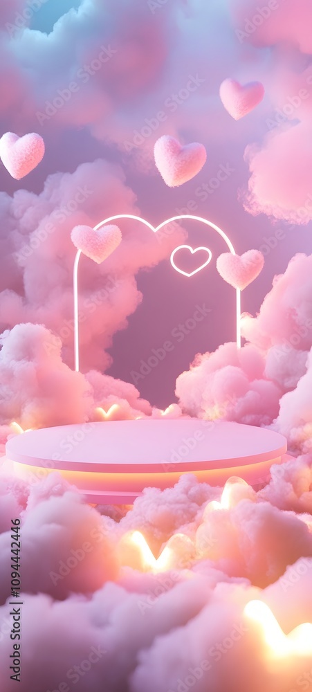 Poster a floating podium set in a soft, glowing cloud of pink and white, with heart-shaped lights surroundi