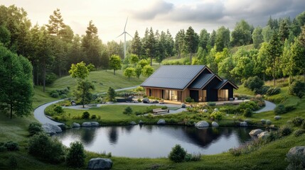 Obraz premium Tranquil Modern Cabin Surrounded by Lush Greenery and Scenic Landscapes with a Peaceful Pond and Wind Turbine in the Background