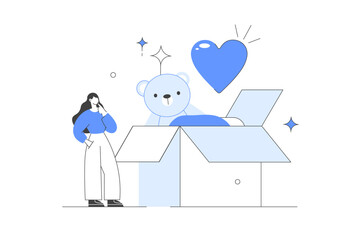 Character Donating for Charity. Collecting, Putting Clothes for children. Soft Toy and Food in Donation Box. Charity Support Concept. Flat Cartoon Vector Illustration, icon. Stylish abstract