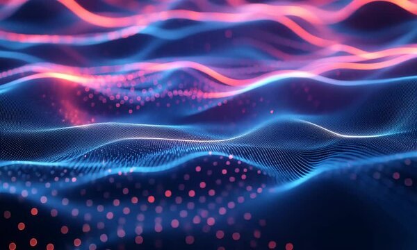 Abstract blue and red glowing wave background with glowing particles.