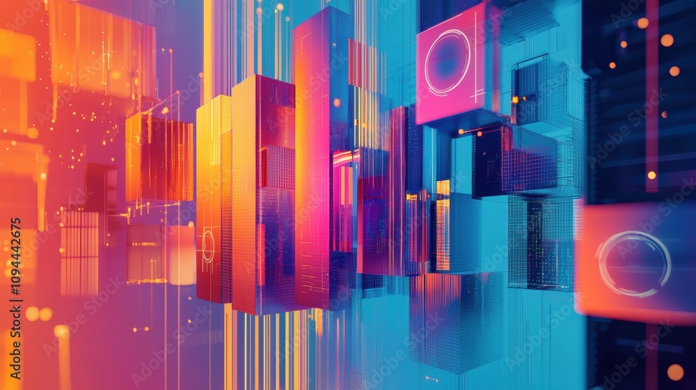 Poster digital fortress depicting secure authentication with vibrant abstract layers for tech design