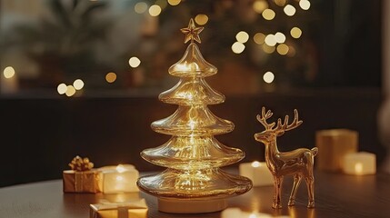 Elegant Glass Christmas Tree Decoration with Reindeer and Soft Candlelight Atmosphere Creating a Cozy Holiday Spirit in a Warm Indoor Setting