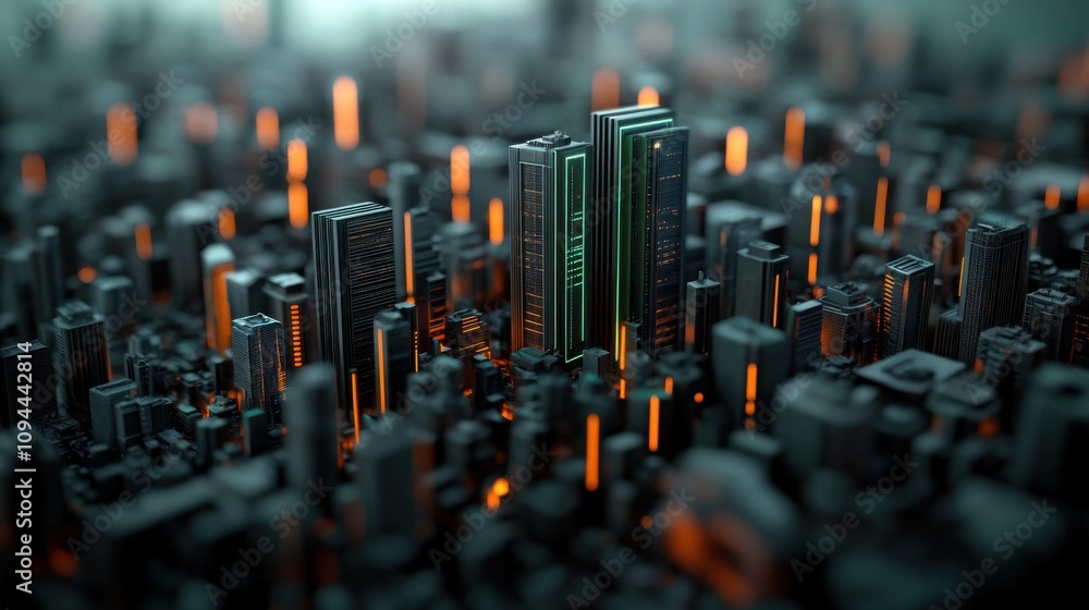 Poster futuristic cityscape with neon lights and skyscrapers showing a modern urban infrastructure in a dyn