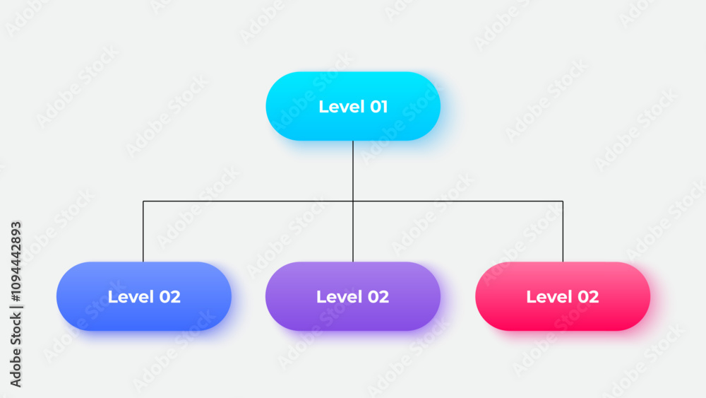 Poster Business hierarchy chart infographics. Corporate organizational structure graphic elements with 2 levels. The top-level connects to three subordinate nodes
